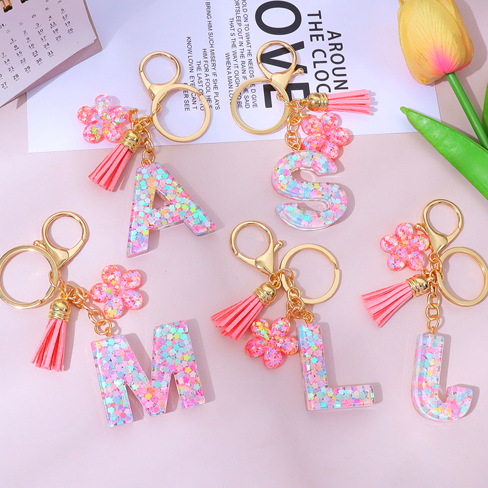Resin Art Name - Pink Sequins Filled Letter Keychain With